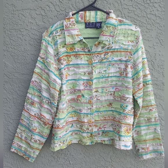 EUC NEW DIRECTION SPORT Green Lightweight Striped Floral Fabric Boho Jacket XL - Picture 12 of 12